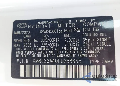 2020 Hyundai Tucson Value z USA, uszkodzony, nr VIN KM8J33A40LU258655